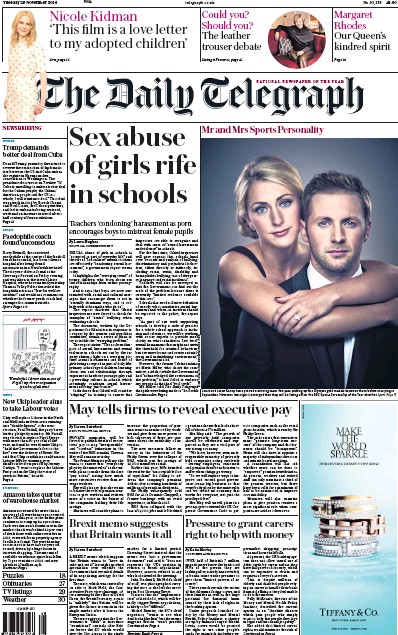 The Daily Telegraph Newspaper Front Page (UK) for 29 November 2016