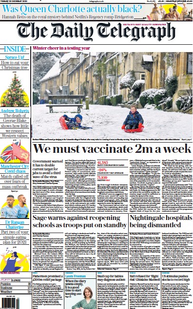 The Daily Telegraph Newspaper Front Page (UK) for 29 December 2020