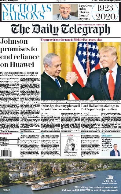 The Daily Telegraph Newspaper Front Page (UK) for 29 January 2020