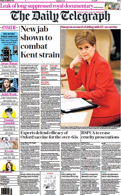 The Daily Telegraph Newspaper Front Page (UK) for 29 January 2021