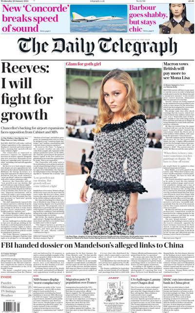 The Daily Telegraph Newspaper Front Page (UK) for 29 January 2025