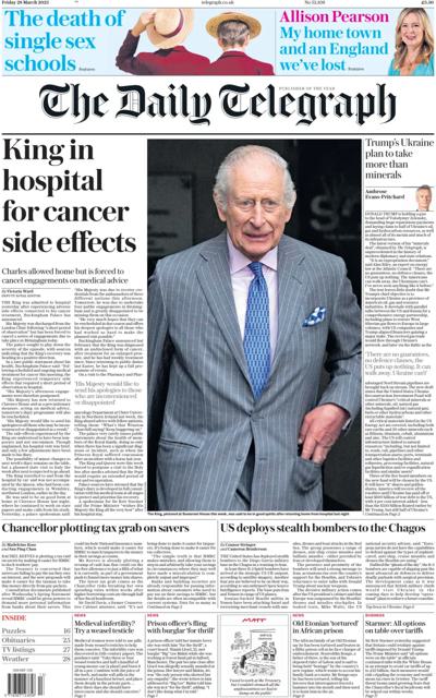 The Daily Telegraph Newspaper Front Page (UK) for 29 March 2025