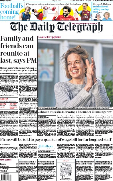 The Daily Telegraph Newspaper Front Page (UK) for 29 May 2020