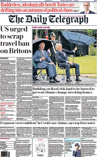 The Daily Telegraph Newspaper Front Page (UK) for 29 July 2021