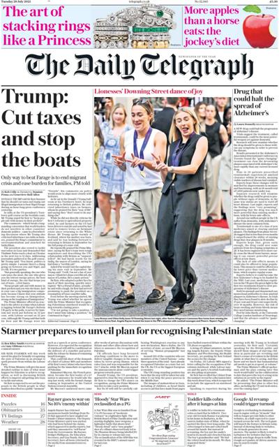 The Daily Telegraph Newspaper Front Page (UK) for 29 July 2025