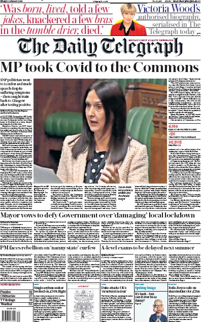 The Daily Telegraph Newspaper Front Page (UK) for 2 October 2020