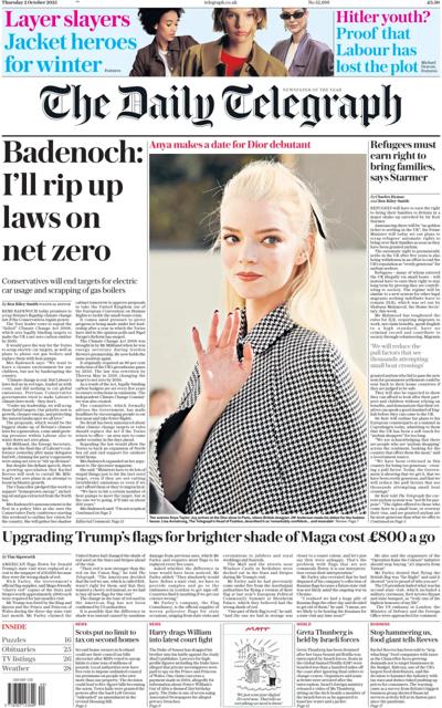 The Daily Telegraph Newspaper Front Page (UK) for 2 October 2025