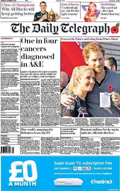 The Daily Telegraph Newspaper Front Page (UK) for 2 November 2015