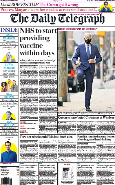 The Daily Telegraph Newspaper Front Page (UK) for 2 December 2020