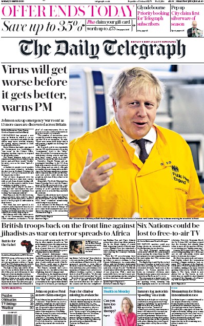 The Daily Telegraph Newspaper Front Page (UK) for 2 March 2020