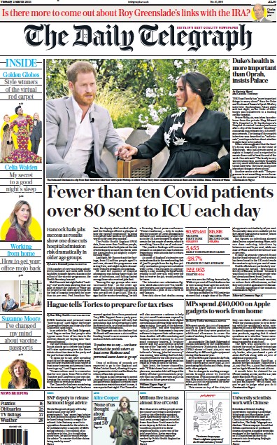 The Daily Telegraph Newspaper Front Page (UK) for 2 March 2021