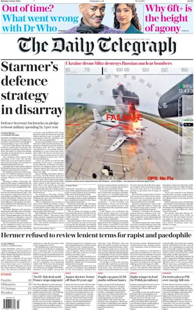 The Daily Telegraph Newspaper Front Page (UK) for 2 June 2025