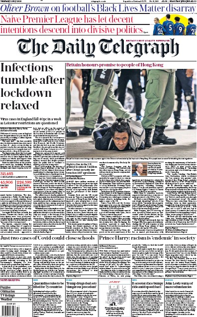 The Daily Telegraph Newspaper Front Page (UK) for 2 July 2020