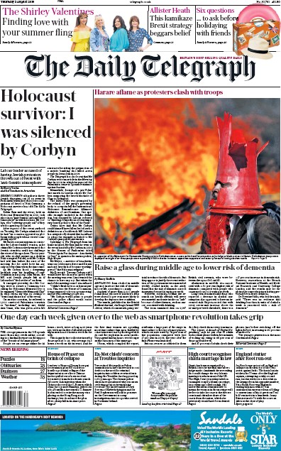 The Daily Telegraph Newspaper Front Page (UK) for 2 August 2018