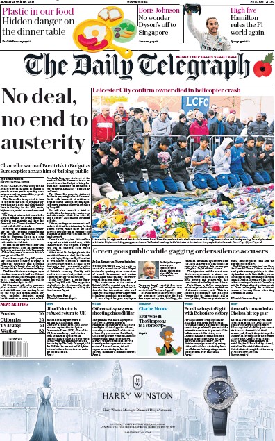 The Daily Telegraph Newspaper Front Page (UK) for 30 October 2018