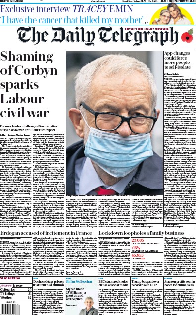 The Daily Telegraph Newspaper Front Page (UK) for 30 October 2020