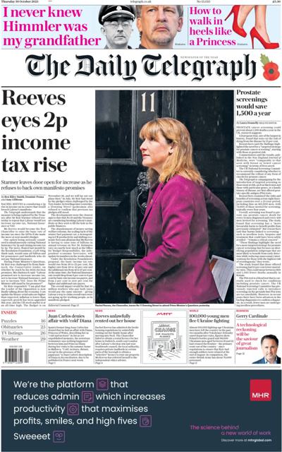 The Daily Telegraph Newspaper Front Page (UK) for 30 October 2025