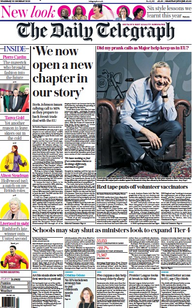 The Daily Telegraph Newspaper Front Page (UK) for 30 December 2020