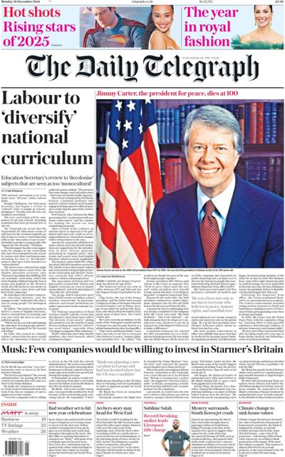 The Daily Telegraph Newspaper Front Page (UK) for 30 December 2024