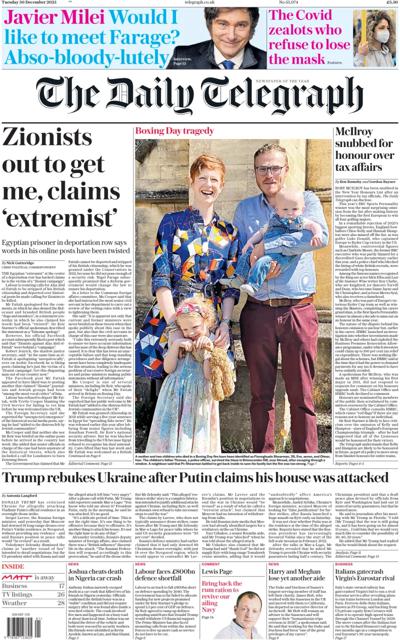 The Daily Telegraph Newspaper Front Page (UK) for 30 December 2025