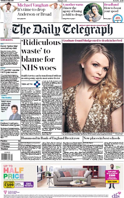 The Daily Telegraph Newspaper Front Page (UK) for 30 May 2018