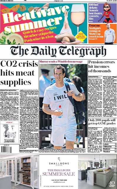 The Daily Telegraph Newspaper Front Page (UK) for 30 June 2018