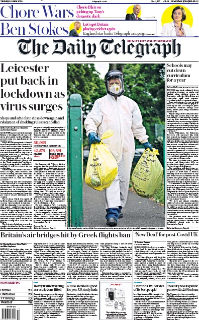 The Daily Telegraph Newspaper Front Page (UK) for 30 June 2020