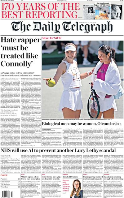 The Daily Telegraph Newspaper Front Page (UK) for 30 June 2025