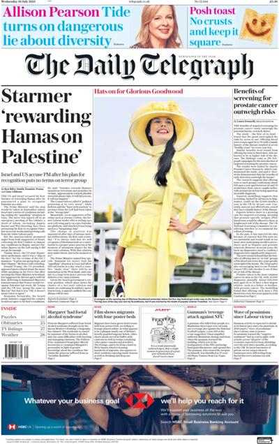 The Daily Telegraph Newspaper Front Page (UK) for 30 July 2025