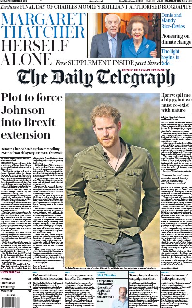 The Daily Telegraph Newspaper Front Page (UK) for 30 September 2019