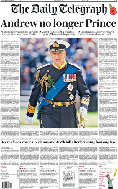 The Daily Telegraph Newspaper Front Page (UK) for 31 October 2025