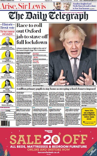 The Daily Telegraph Newspaper Front Page (UK) for 31 December 2020