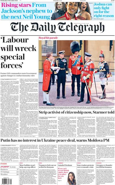 The Daily Telegraph Newspaper Front Page (UK) for 31 December 2025