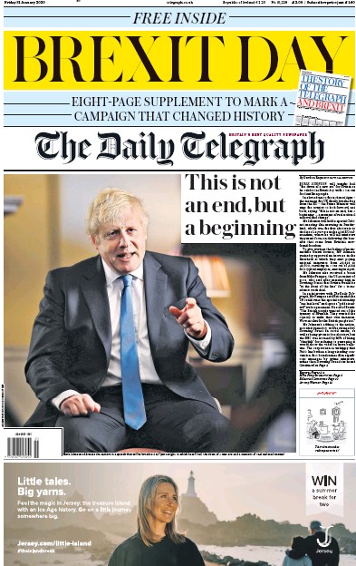 The Daily Telegraph Newspaper Front Page (UK) for 31 January 2020