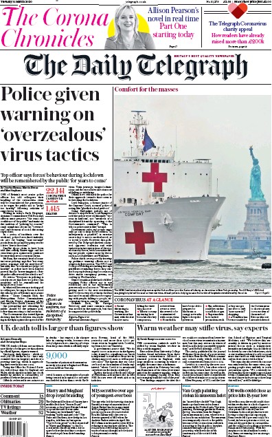 The Daily Telegraph Newspaper Front Page (UK) for 31 March 2020