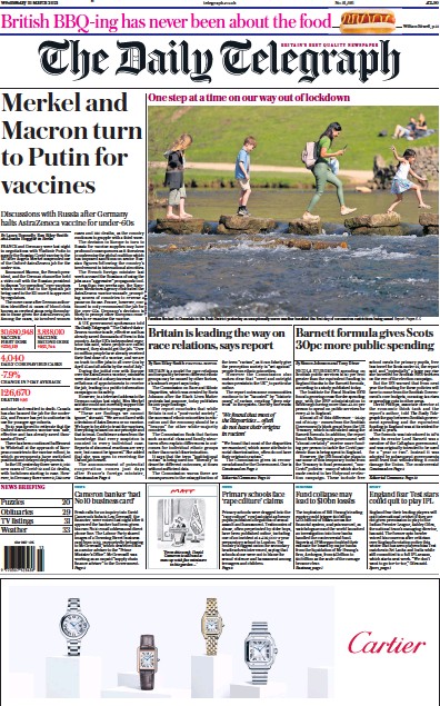 The Daily Telegraph Newspaper Front Page (UK) for 31 March 2021