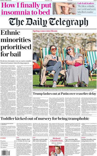 The Daily Telegraph Newspaper Front Page (UK) for 31 March 2025