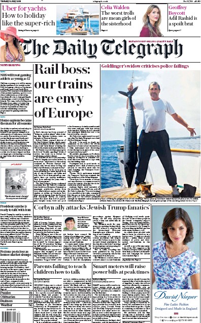 The Daily Telegraph Newspaper Front Page (UK) for 31 July 2018