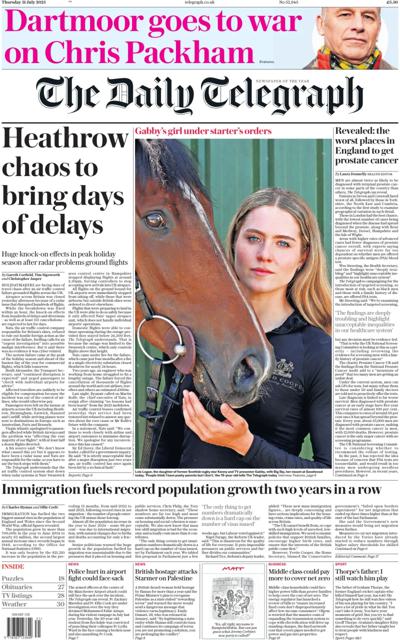 The Daily Telegraph Newspaper Front Page (UK) for 31 July 2025