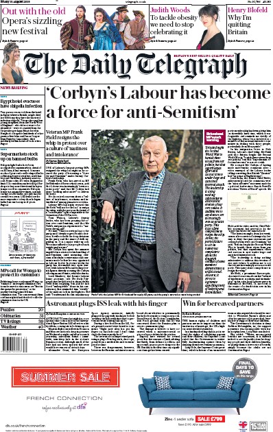 The Daily Telegraph Newspaper Front Page (UK) for 31 August 2018