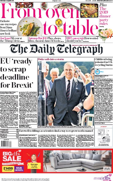 The Daily Telegraph Newspaper Front Page (UK) for 31 August 2019