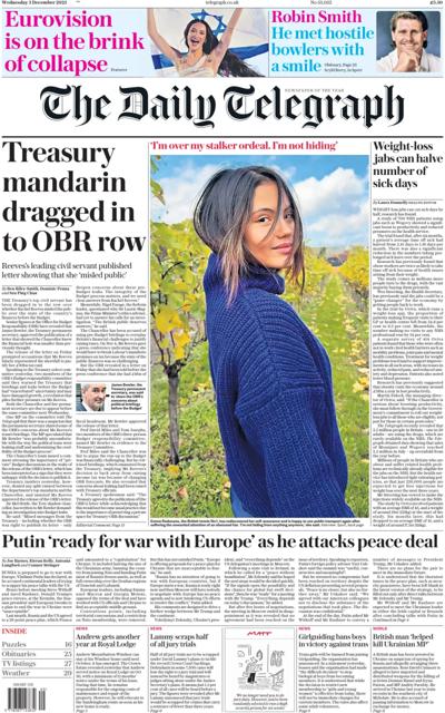 The Daily Telegraph Newspaper Front Page (UK) for 3 December 2025