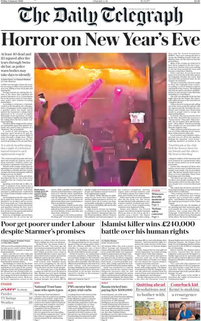 The Daily Telegraph Newspaper Front Page (UK) for 3 January 2026