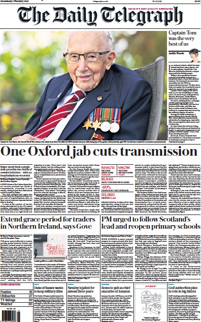 The Daily Telegraph Newspaper Front Page (UK) for 3 February 2021