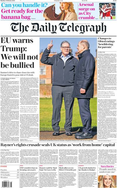 The Daily Telegraph Newspaper Front Page (UK) for 3 February 2025