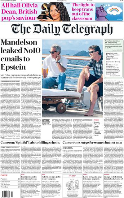 The Daily Telegraph Newspaper Front Page (UK) for 3 February 2026