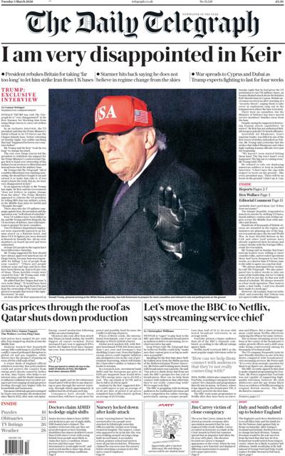 The Daily Telegraph Newspaper Front Page (UK) for 3 March 2026