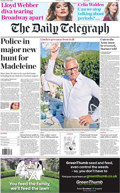 The Daily Telegraph Newspaper Front Page (UK) for 3 June 2025