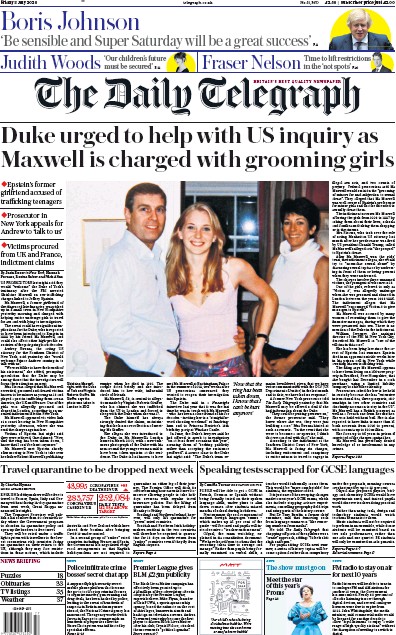 The Daily Telegraph Newspaper Front Page (UK) for 3 July 2020