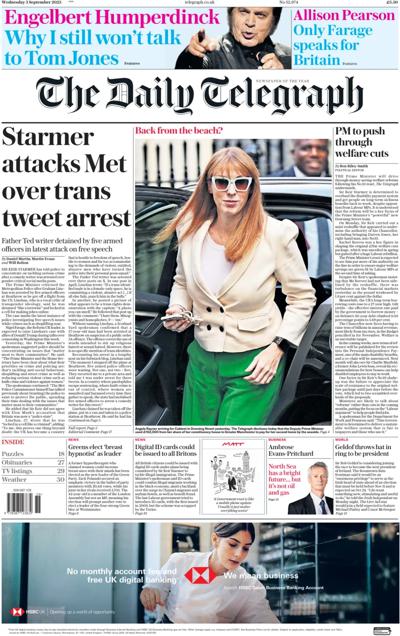 The Daily Telegraph Newspaper Front Page (UK) for 3 September 2025